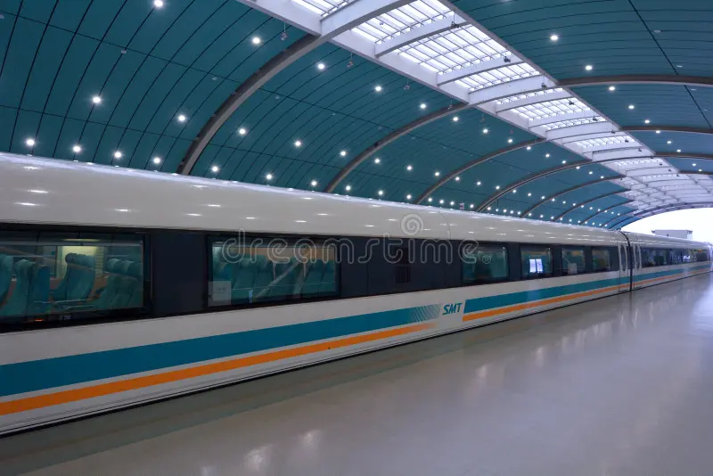 SHANGHAI, CN - MAR 15 2015:Shanghai Maglev Train -Shanghai Transrapid. The line is the first commercially operated high-speed magnetic levitation line in the world. SHANGHAI, CN - MAR 15 2015:Shanghai Maglev Train -Shanghai Transrapid. The line is the first commercially operated high-speed magnetic levitation line in the world