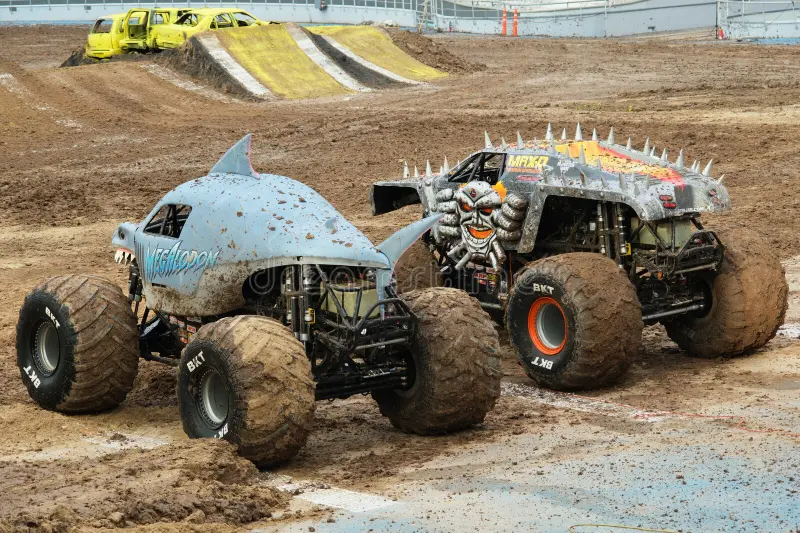 Monster Truck \'Megalodon\' and \'MAX-D\', Argentina, Monster Jam 16. 12. 2023 stock photo