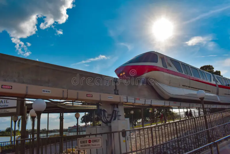 Orlando, Florida. March 19, 2019. Top view of Disney Monorail on beautiful sunset background at Walt Disney World 4. Monorail view stock images, royalty-free photos and pictures