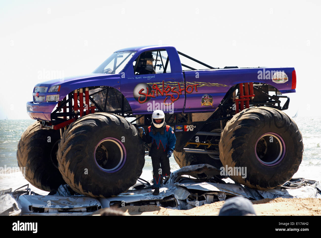 Slingshot crushes cars - monster truck on the second day of the first ever Bournemouth Wheels Festival in May at Bournemouth, Dorset UK.  Credit:  Carolyn Jenkins/Alamy Live News. - Stock Image