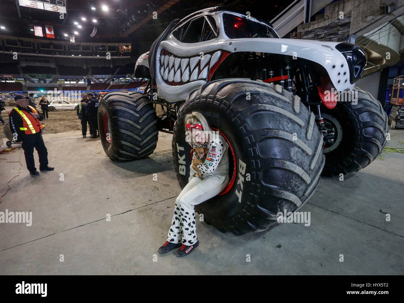 Vancouver, Canada. 7th Apr, 2017. The first female Canadian monster truck driver Cynthia Gauthier sits on the wheel - Stock Image