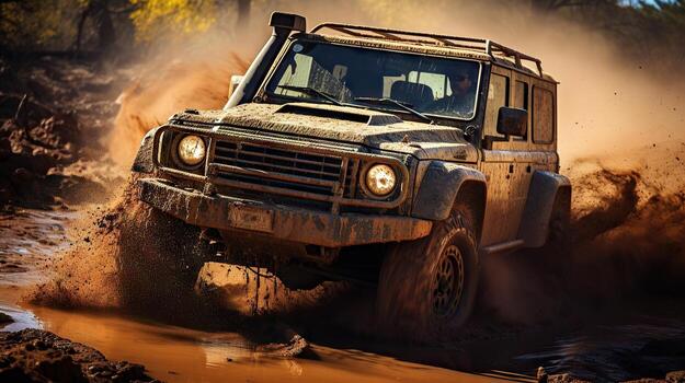 Racing off-road 4x4 vehicle in difficult terrain. . photo
