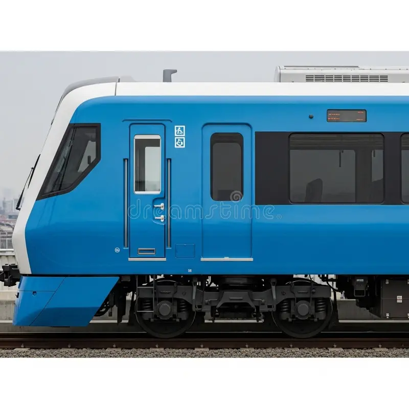 A detailed side view of a blue and white passenger train. The image focuses on the exterior of the train, showcasing its sleek design, windows, doors, and the intricate details of its wheels and undercarriage. The train appears modern and ready for travel on its tracks. Passenger train side view illustrations