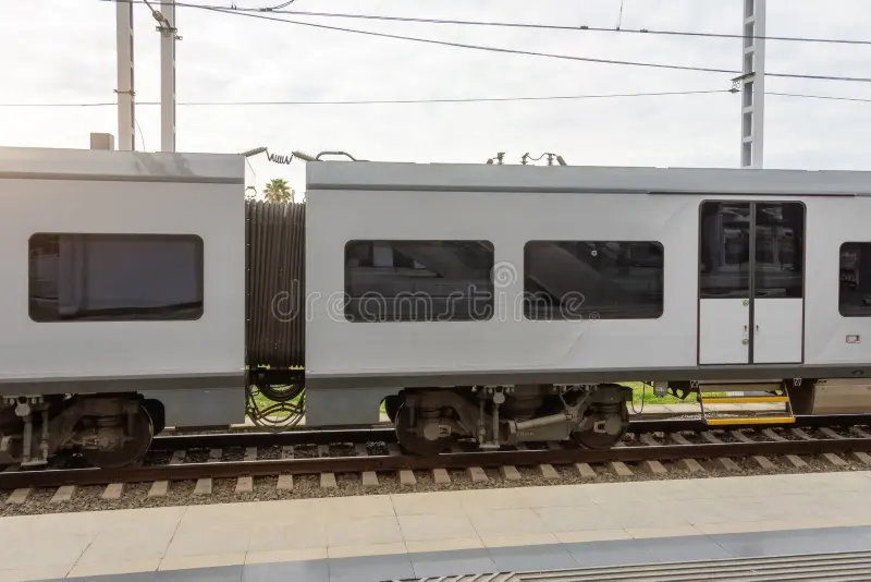 Side view of the passenger train inside the city train on railway. Passenger train side view stock images, royalty-free photos and pictures