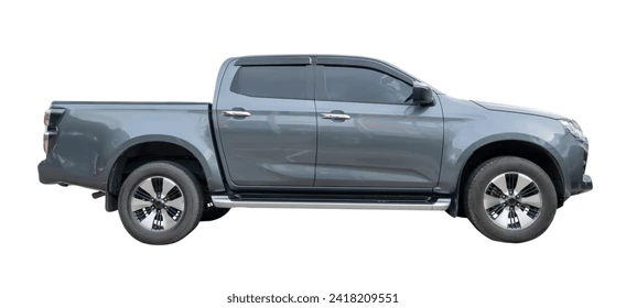 Side view of gray pickup truck is isolated on white background with clipping path. Stock Photo