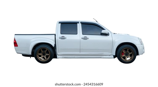Side view of white pickup truck is isolated on white background with clipping path. Stock Photo