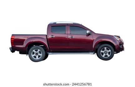 Side view of red pickup truck is isolated on white background with clipping path. Stock Photo