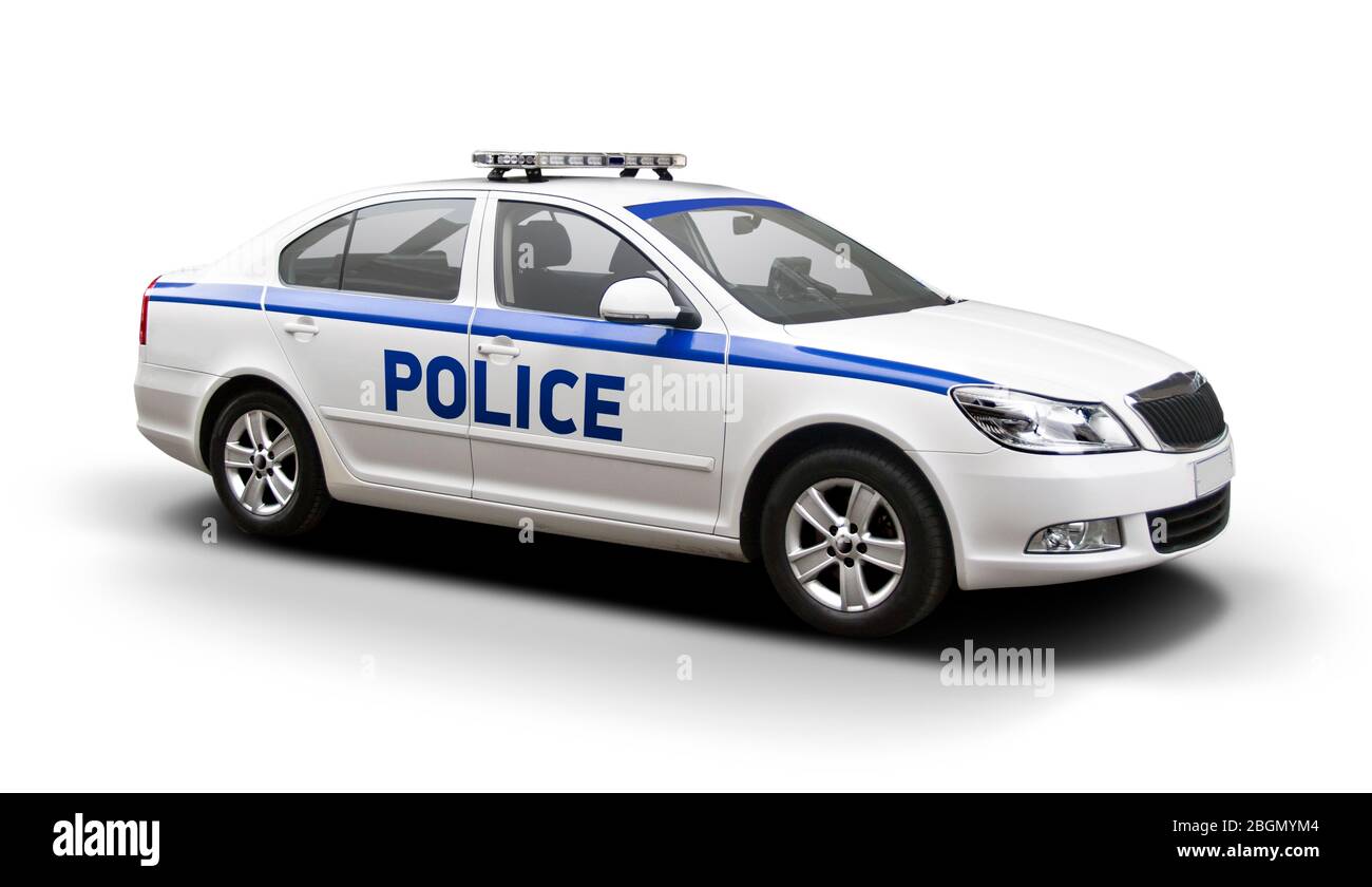 Police car side view isolated on white - Stock Image