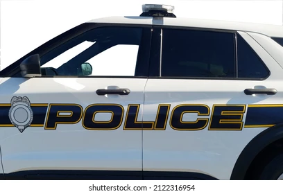 Side view of isolated police car with blank emblem. Stock Photo