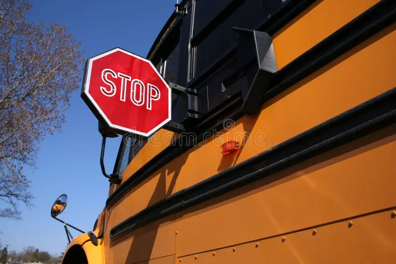 Medium view showing side of schoolbus with stop sign extended for approaching traffic. Blue sky and neighborhood tree in background. Horizontal format. School bus side view stock images, royalty-free photos and pictures