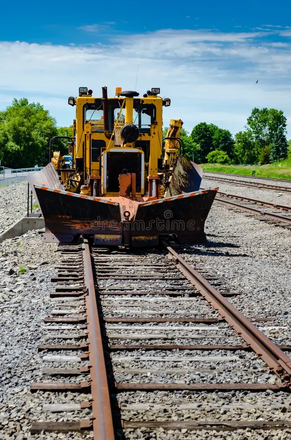 Rusty vintage railway snowplow parked on an unused rail siding. Railroad snowplow stock images, royalty-free photos and pictures