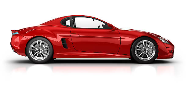 Red sports car on white surface with clipping path "Brandless, generic sports car in studio - isolated on white with clipping path" sports car side view stock pictures, royalty-free photos & images