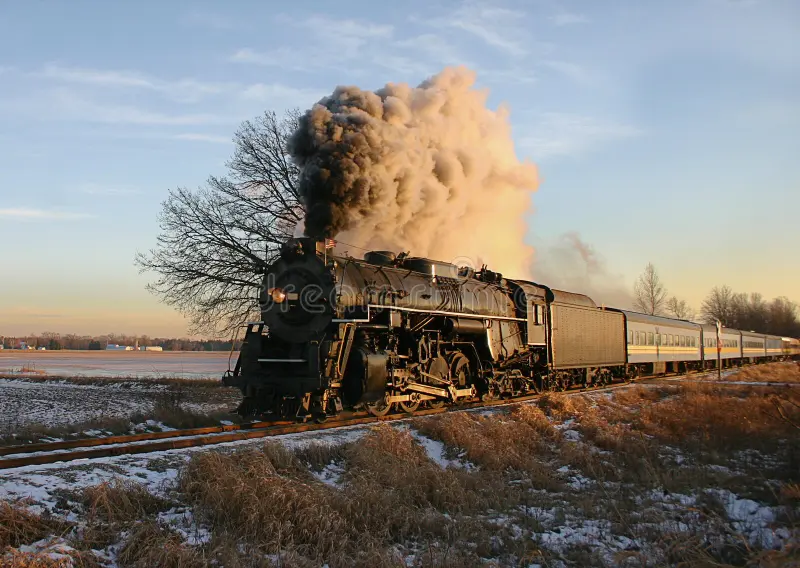 Scenic view of steam train billowing smoke in wintry countryside. Steam train side view stock images, royalty-free photos and pictures