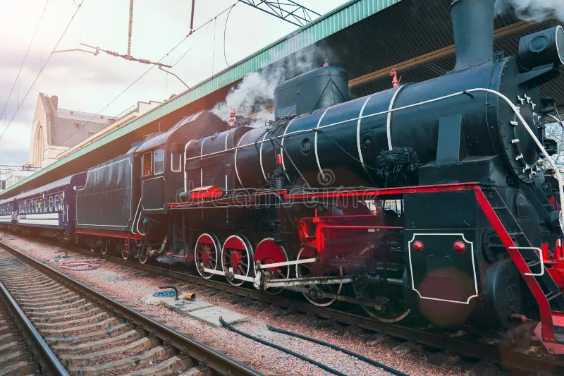 A black steam train with red wheels and a passenger carriage stands at a station platform, emitting smoke. Steam train side view stock images, royalty-free photos and pictures