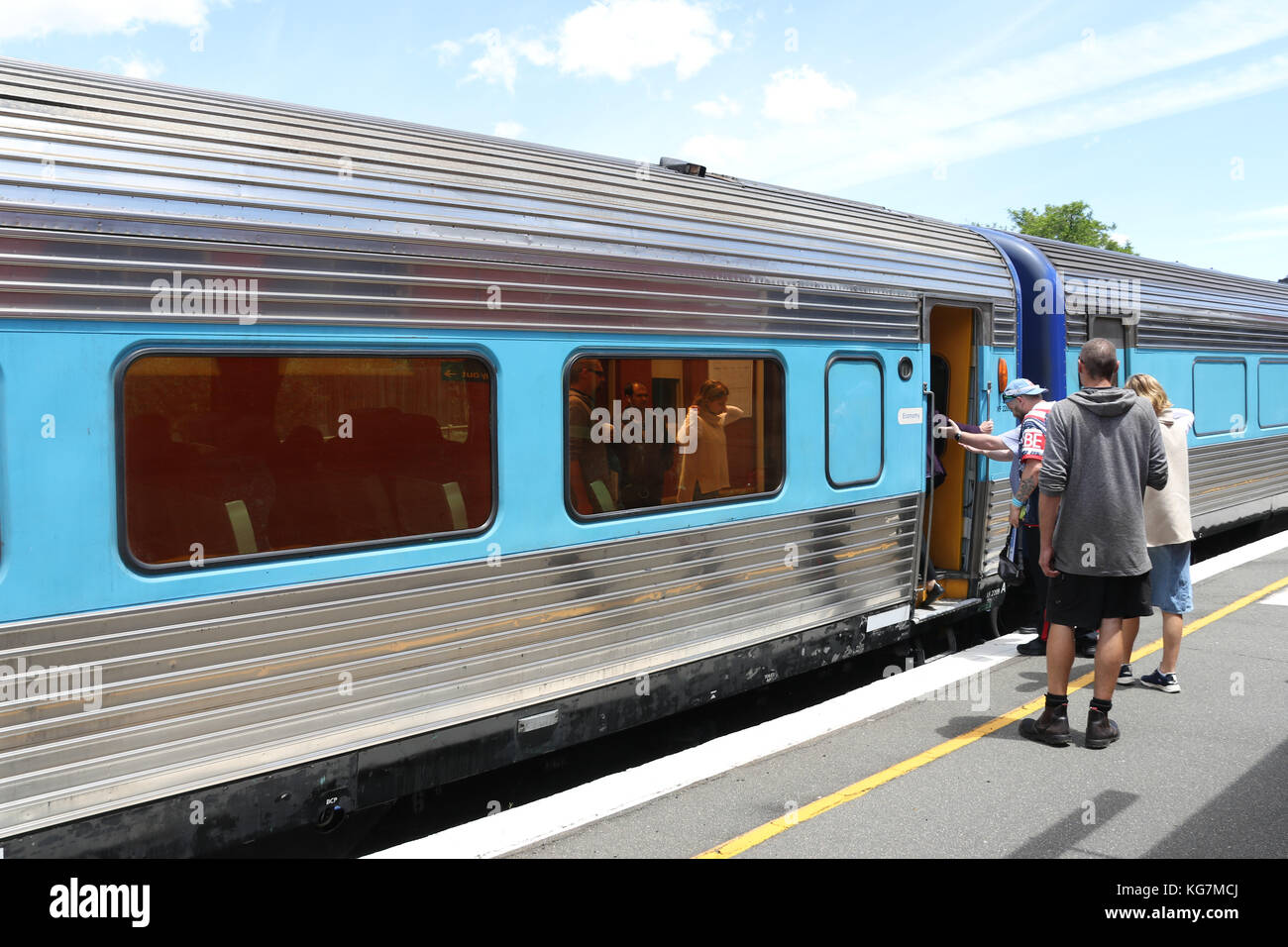 The XPT train, which travels between Sydney and Melbourne in Australia stopping at Harden station in NSW. - Stock Image