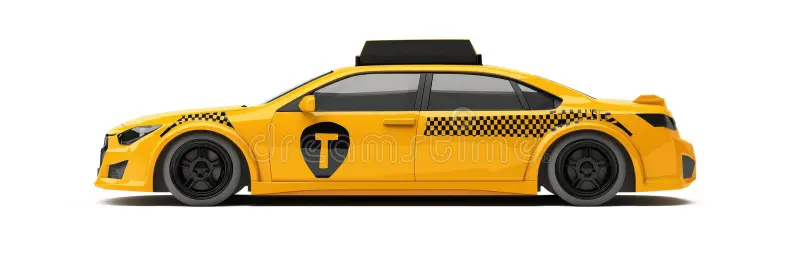 Yellow taxi car with checkered pattern and black wheels, side view, modern design, urban transportation, vibrant color, taxi service, vehicle concept, isolated on transparent background, png. Taxi cab side view stock images, royalty-free photos and pictures