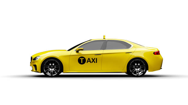 taxi cab in front of night city taxi cab in front of night city, photorealistic 3d render. Car of my own design, legal to use. taxi cab side view stock pictures, royalty-free photos & images