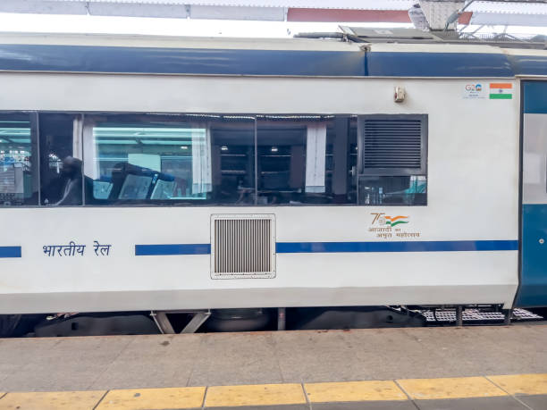 Vande Bharat Express Mumbai, India - October 01 2023: The Mumbai Solapur Vande Bharat Express at Mumbai CSMT railway station, Mumbai India. vande bharat express stock pictures, royalty-free photos & images