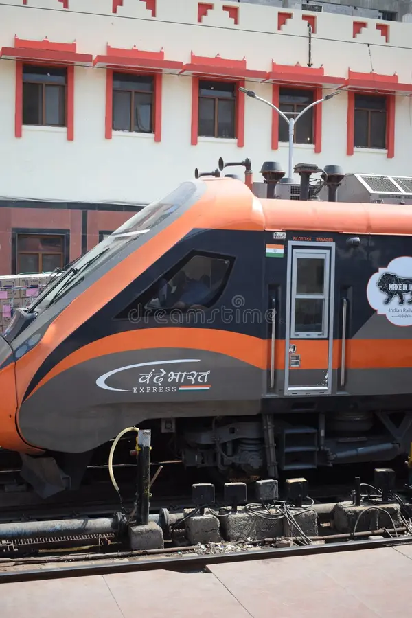 Varanasi, India, March 24 2025 - Vande Bharat Express train going to Delhi from Varanasi from Varanasi railway station, Vande. Bharat fastest Train of India. Vande bharat express stock images, royalty-free photos and pictures
