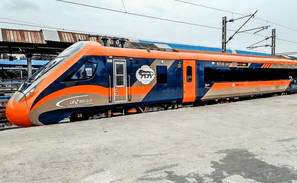 Visakhapatnam, Andhra pradesh, India-June 19,2025: Modern design of new Indian railway train I.e., vande bharat express train in saffron to travel. Editorial Stock Photo