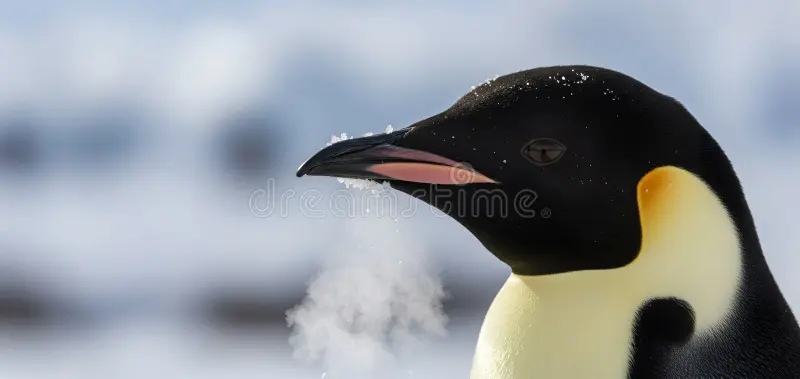 Emperor penguin head close up with breath visible in freezing cold air. Portrait of majestic bird in Antarctic wilderness. Wildlife exploration and nature conservation concept. Picture emperor penguin stock images, royalty-free photos and pictures