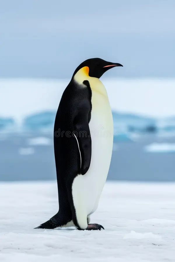 Emperor penguin standing on ice in Antarctica. Wildlife portrait of flightless seabird in natural habitat. Cold polar region environment and winter nature with ice and snow landscape. Picture emperor penguin stock images, royalty-free photos and pictures