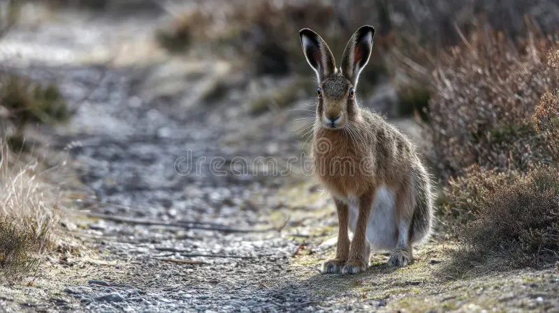 European brown hare sitting on a gravel path in the wild, alert large ears and brown fur of a wild rabbit in nature at dawn, wildlife photography of a lepus europaeus in a natural meadow habitat. European brown hare stock images, royalty-free photos and pictures