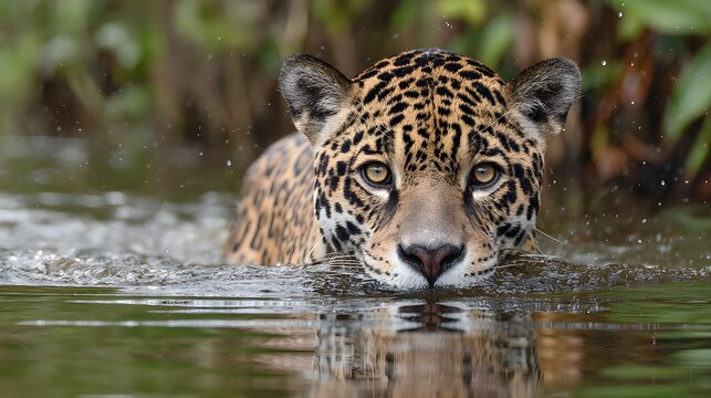Jaguar swimming wildlife animal portrait in water river nature predator big cat wildlife photography