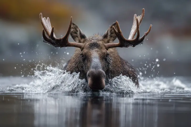 Captivating wildlife shot of a moose with great antlers paddling through a serene body of water in nature. Moose wildlife stock images, royalty-free photos and pictures